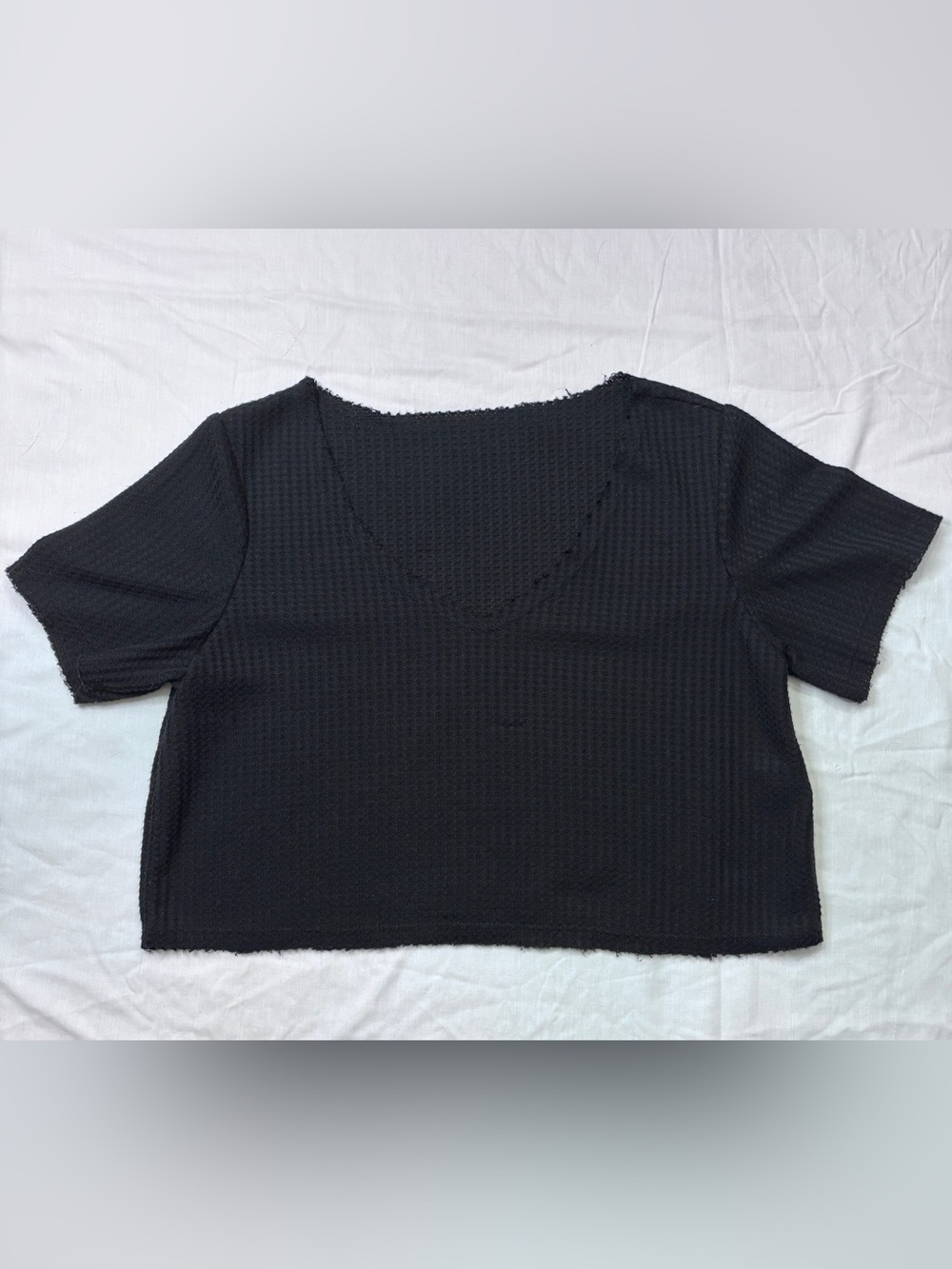Black V-Neck Waffle Knit Crop Top with Short Sleeves